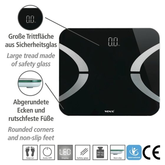 Analysewaage LED mit Bluetooth Schwarz, Körperfettwaage 