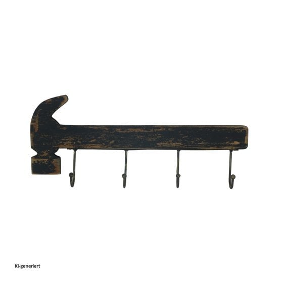 Rustikale Wandgarderobe in Hammer-Form Vintage-Look mit 4 Haken für Flur, Werkstatt oder 