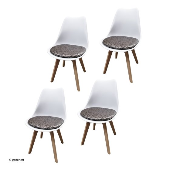 Esszimmerstuhl 4er Set Weiß mit Kunstledersitz Atlanta Braun mit Ornament 