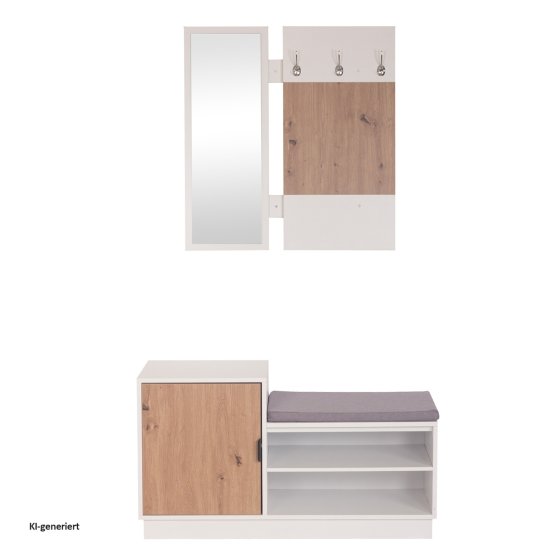 Garderobenpaneel mit Spiegel und Schuhbank Dana Weiß-Artisaneiche 