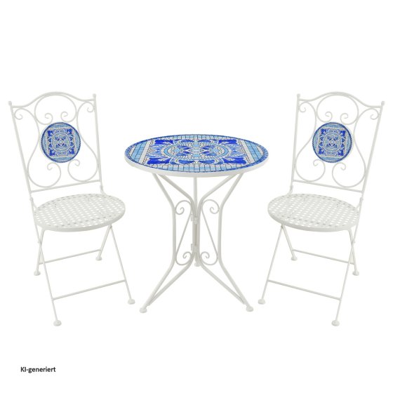 Bistro Sitzgruppe Metall Creme Tisch mit 2 Stühlen Balkon Set mit Motiv Santorin 