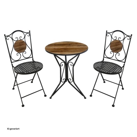 Bistro Sitzgruppe Metall schwarz Tisch mit 2 Stühlen Balkon Set mit Motiv Holz 