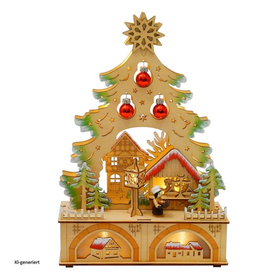 LED Schwibbogen Weihnachtsbaum mit Kugeln und Weihnachtsbäckerei 