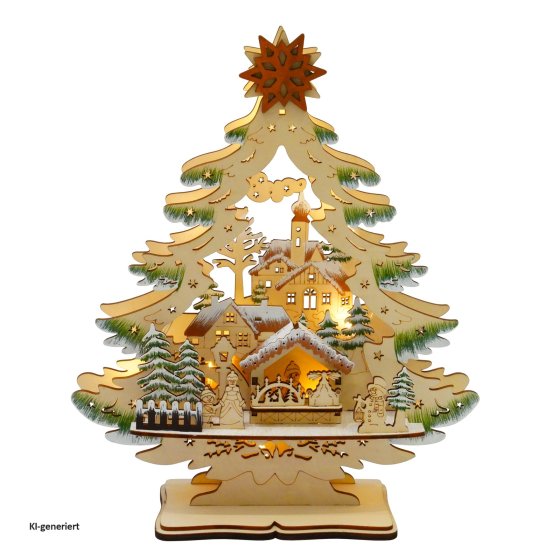 LED Schwibbogen Weihnachtsbaum mit verschneitem Winterdorf 