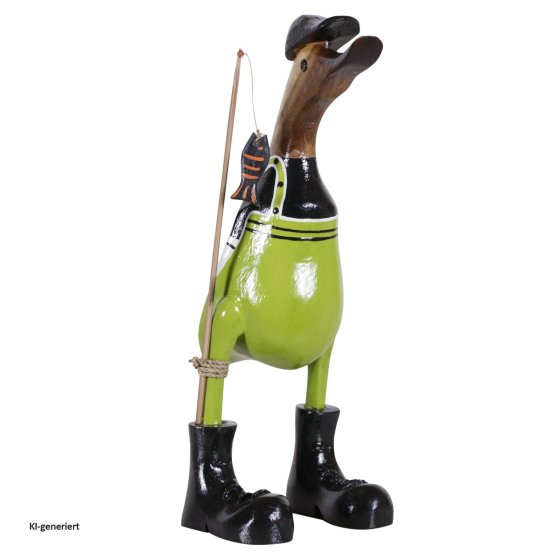 Dekoente Fjordquak der Fischfänger aus Holz 25 cm Angler Ente maritime Figur 