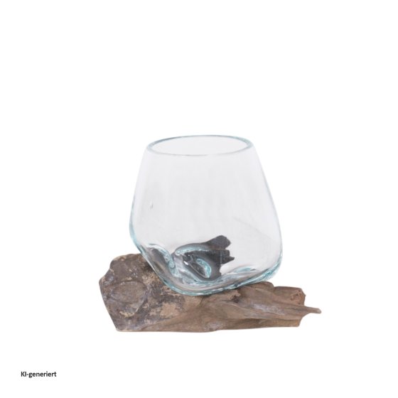 Mundgeblasene Glasvase auf Kaffeewurzel 10 cm Dekovase aus Glas und Holz 