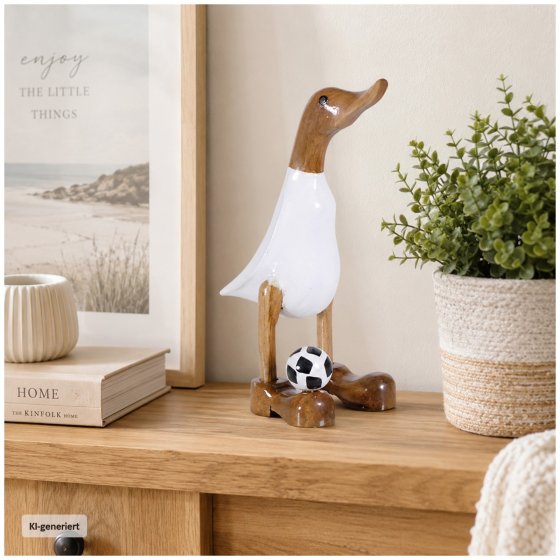 Dekoente Quakinho Ballfüßler aus Holz 25 cm Fußball Dekofigur 