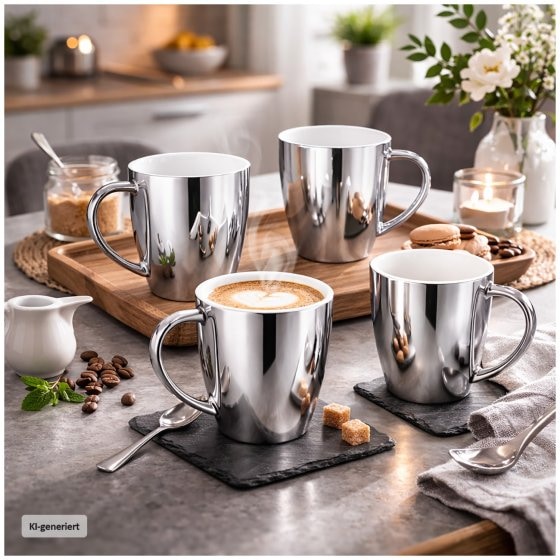 Becher Set silberfarben mit Henkel 250 ml Porzellan 4 Stück Kaffeebecher 