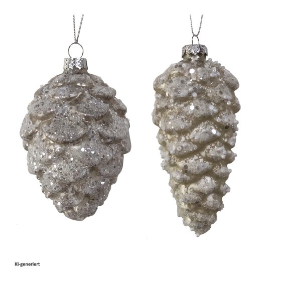 Weihnachtsbaumbehang 2er Set Zapfen Weiß Glitzer 