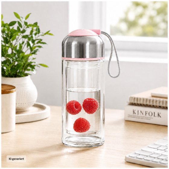 Glas Trinkflasche ToGo 300 ml mit Edelstahl Deckel und Trageschlaufe 