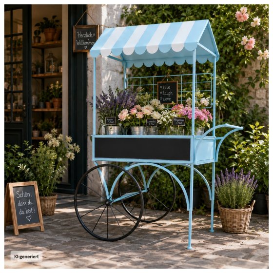 Blumenwagen Vintage Metall blau Dekowagen Buffetwagen auf Rädern 