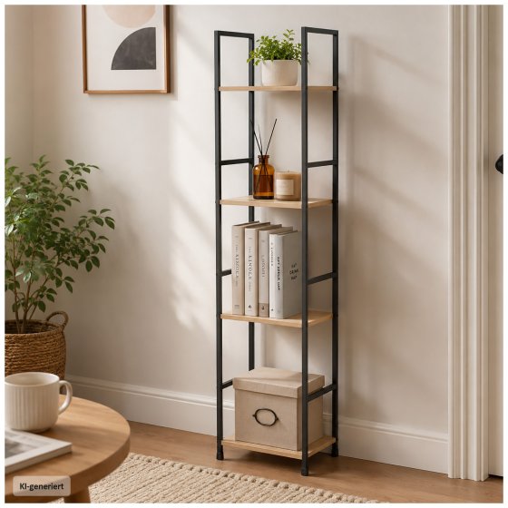 Schmales Standregal mit 4 Ablagen aus Stahl und MDF 