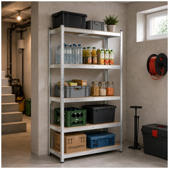 Lagerregal mit 5 MDF Böden und silbernem Stahlgestell 