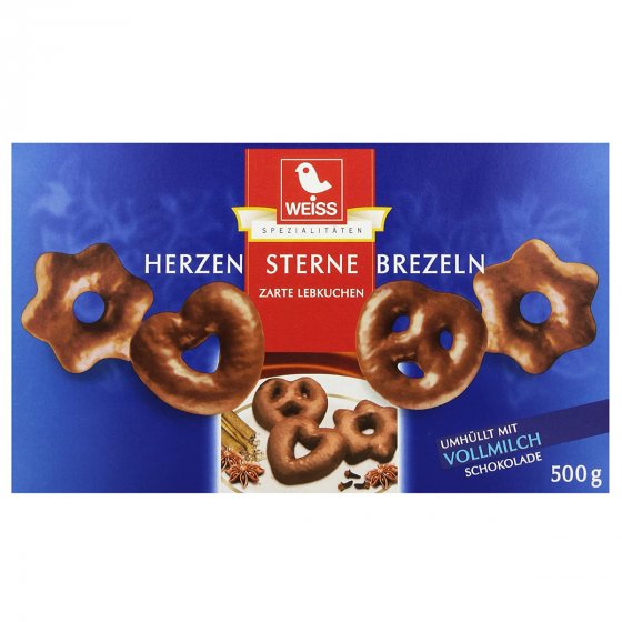 Weiss Herzen Sterne Brezeln Lebkuchen mit Vollmilchschokolade 500g 