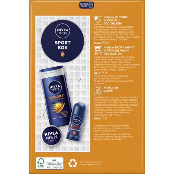 NIVEA MEN Sportbox Deo Roll on Pflegedusche Creme Geschenkset 3tlg 