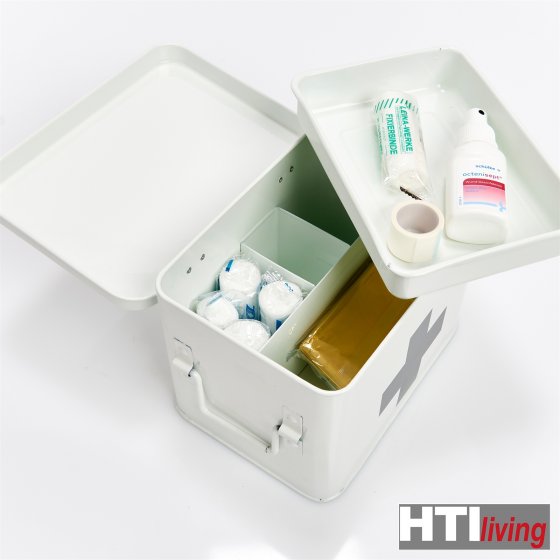 Medizinbox mit Tragegriffen, Metall mit Fächereinsatz 