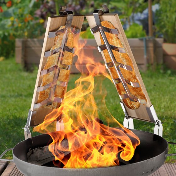 Flammlachsbrett 2er Set Holzplanke / Edelstahl 