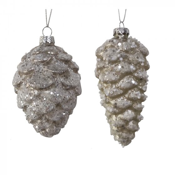 Weihnachtsbaumbehang 2er Set Zapfen Weiß Glitzer 