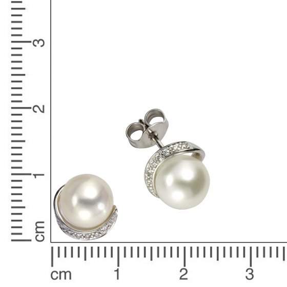 Ohrringe Gold 585 mit 2 weißen Perlen 7,5-8mm + 14 Brillanten zus. 0,05ct. 