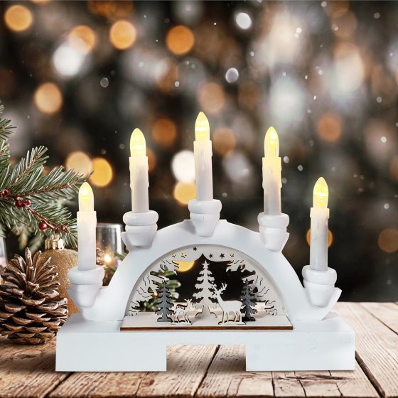 LED Schwibbogen weiß mit Rehen im Wald Batteriebetrieben 