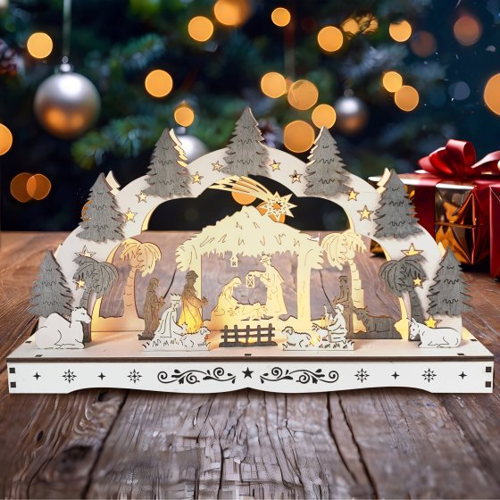 Schwibbogen Heilige Familie mit Krippe Weiß Grau 