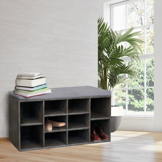 Garderobenbank mit 10 Regalfächern inkl. Sitzkissen Beton 