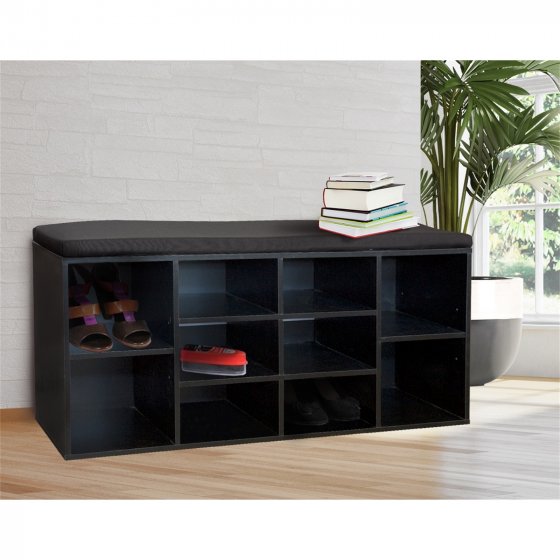 Garderobenbank mit 10 Fächern inkl. Sitzkissen Schwarz 