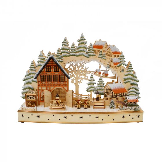 Traditioneller Schwibbogen Holz mit Wintermotiv und Figuren 50 x 30 cm 