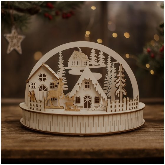 LED Dekobogen Winterdorf und Rehe Weihnachtsdeko mit 5 LEDs 