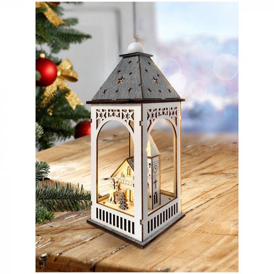 LED Holzlaterne mit Kirche und Figuren Weihnachtsdeko mit 8 LEDs 