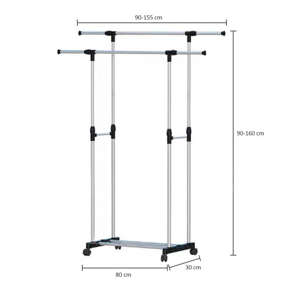 Höhenverstellbarer Kleiderständer mit Doppelstange Stabiler Garderobenständer auf Rollen 