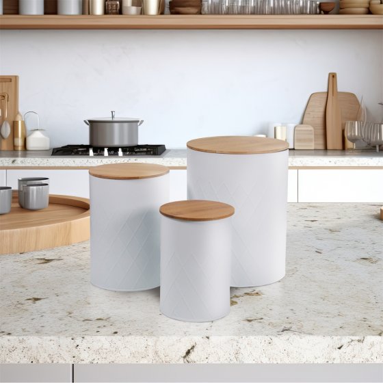 Vorratsdosen 3er-Set weiß mit Holzdeckel 