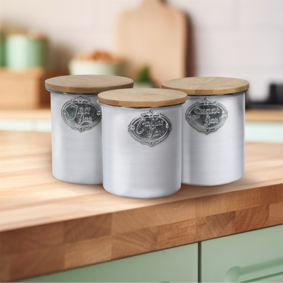 Vorratsdosen 3er-Set mit Holzdeckel Landhaus Weiß 
