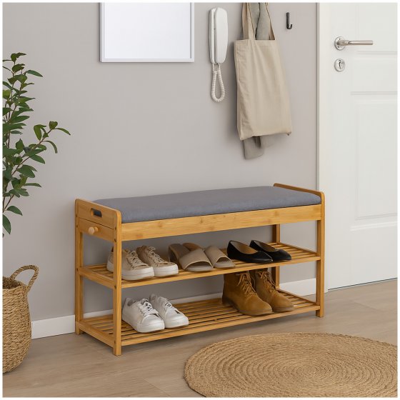 Schuhregal mit Sitzpolster und Schublade 