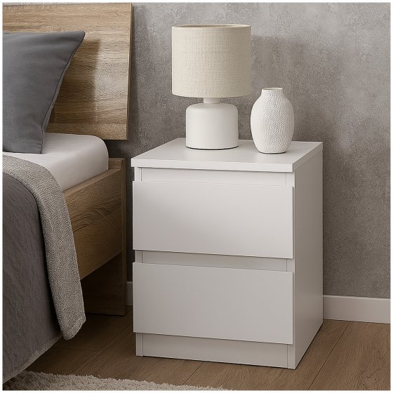 Nachtkommode mit 2 grifflosen Schubladen Thekla Weiß 