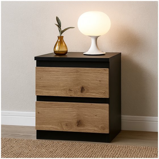Nachtkommode mit 2 grifflosen Schubladen Thekla Schwarz-Artisaneiche 