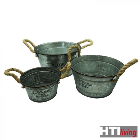 Pflanztopf Zink, rund, 3-teilig mit Jutegriff 