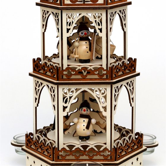 Holz Teelichtpyramide 3 Etagen Schneemänner 