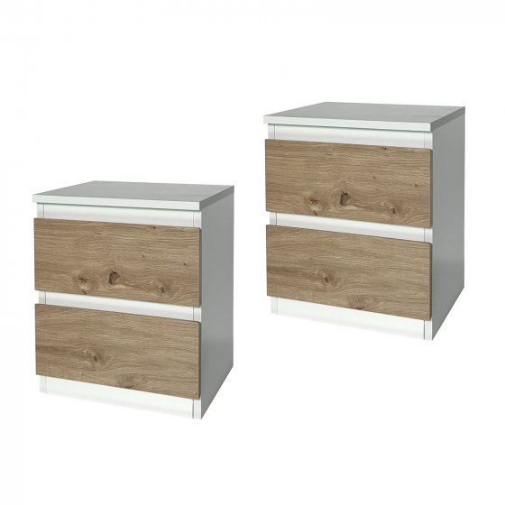 Nachtkommode 2er Set Weiß-Artisaneiche mit 2 grifflosen Schubladen 