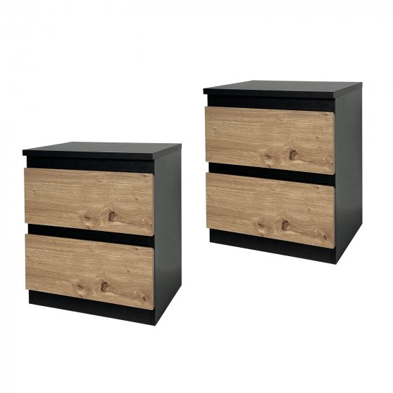 Nachtkommode 2er Set Schwarz-Artisaneiche 2 grifflosen Schubladen 