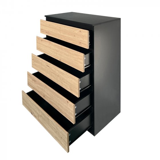 Kommode mit 5 grifflosen Schubladen Schwarz Artisaneiche 