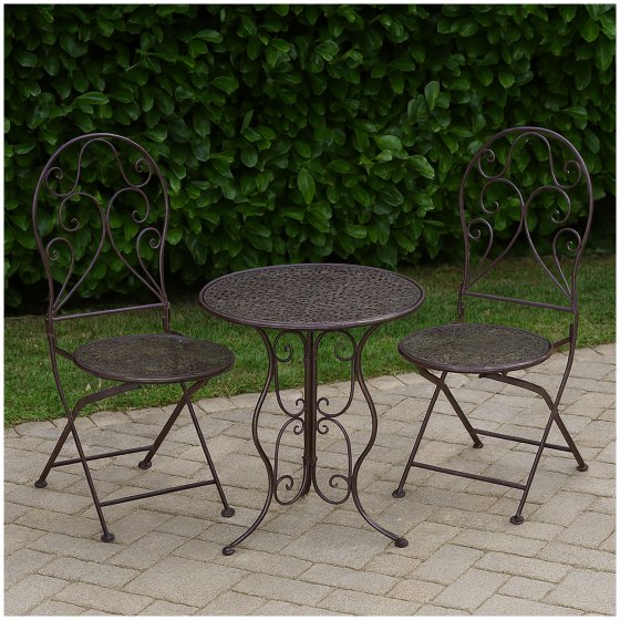 Bistroset aus Metall 3-teilig, detailreich verzier Klapptisch Ø 60 cm und 2 Klappstühle 