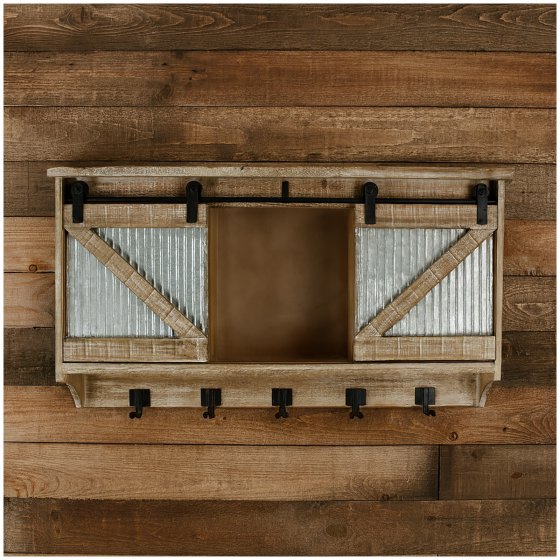 Rustikaler Wandschrank mit Schiebetüren und Haken Landhausstil für Flur, Küche oder Wohnzimmer 