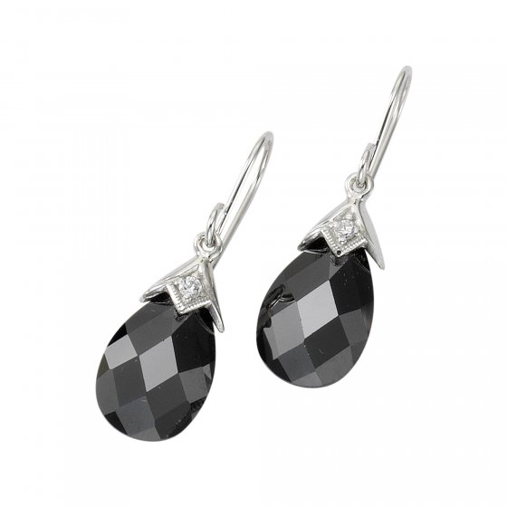 Ohrringe Silber 925 rhodiniert mit schwarzem Zirkonia-Tropfen 32mm lang 