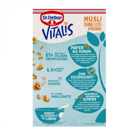 Oetker Vitalis ohne Zuckerzusatz Knuspermüsli Pur mit Vanille 420g