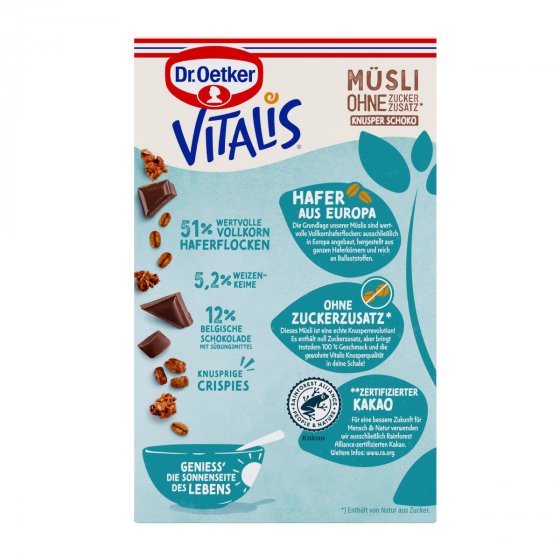 Oetker Vitalis ohne Zuckerzusatz Knuspermüsli Schoko Packung 400g