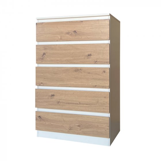 Kommode Weiß-Artisaneiche mit 5 grifflosen Schubladen 