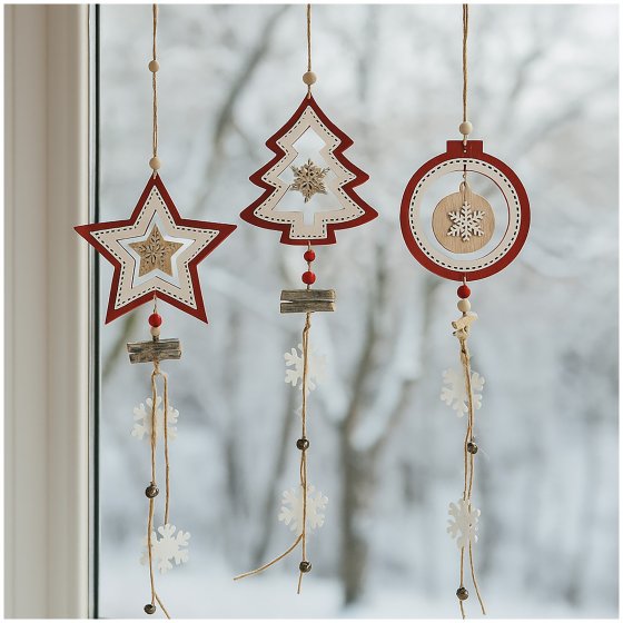 Holzanhänger 3er Set Stern, Weihnachtsbaum, Weihnachtskugel 
