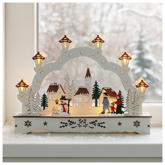 Schwibbogen Weihnachtsdorf mit Schneemann 