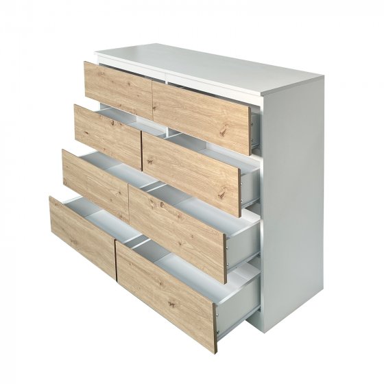 Moderne Kommode mit 8 grifflosen Schubladen weiß-Artisaneiche 